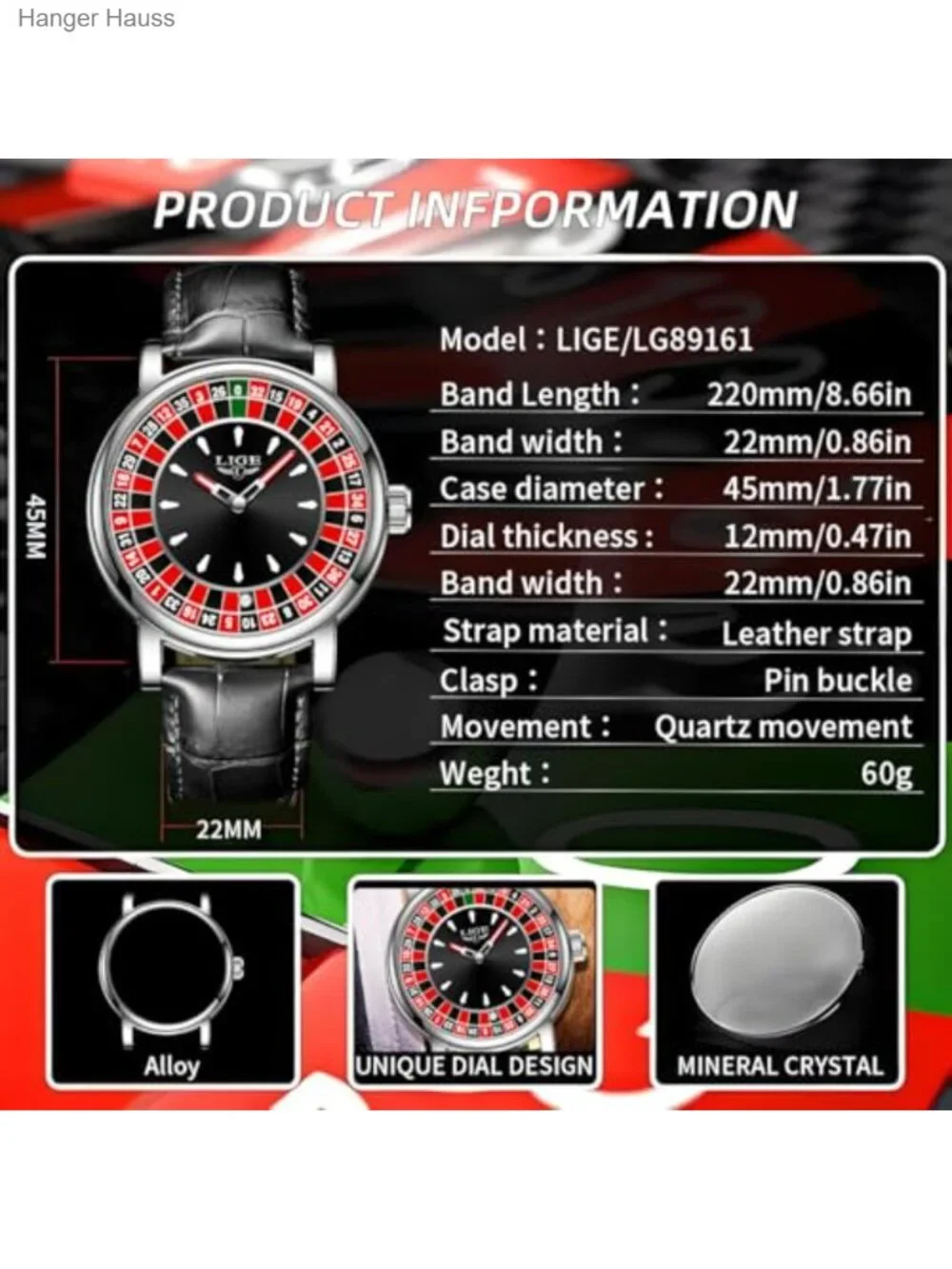 Men's Roulette Quartz Watch with Ball, Waterproof Leather Strap